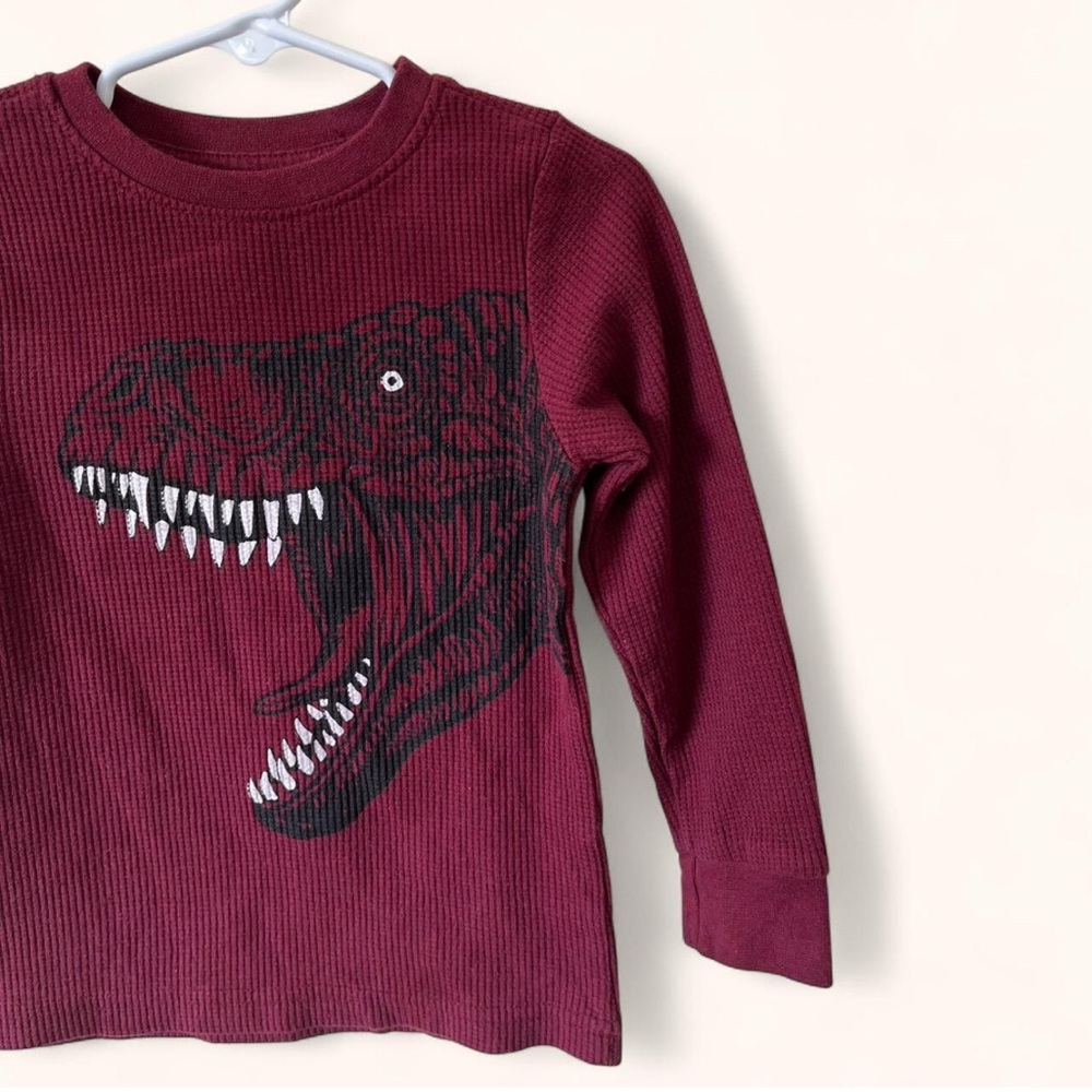 2T Boy Cooper Denim Long Sleeve Waffle Knit Thermal T-Rex Dino Shirt - Picture 4 of 7